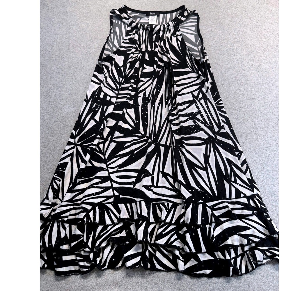 MSK Petite L Sleeveless Swing Dress Black White‎ Palm Print Ruffle Flowy Vacay